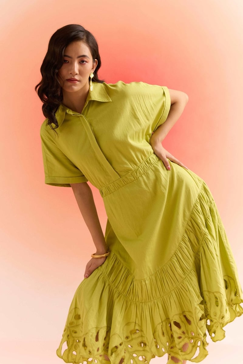 Lime Green Fit and Flare Maxi Dress with Cutwork Hem