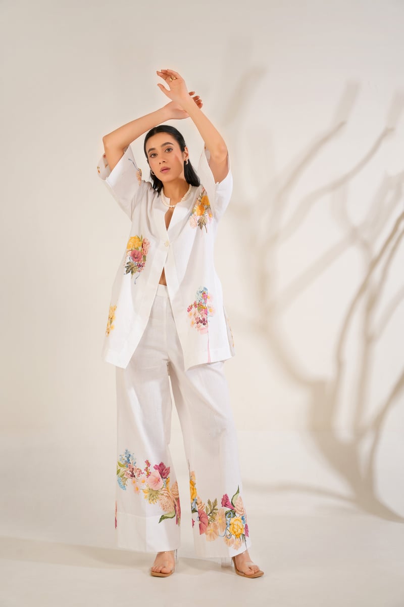 White Floral Printed Kurta Shirt and Trouser Set