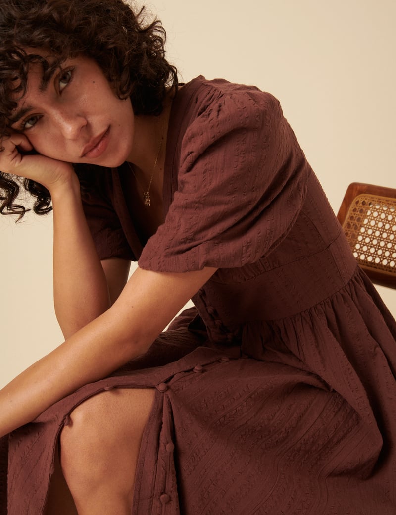 Chocolate Brown V-Neck Button-Front Midi Dress
