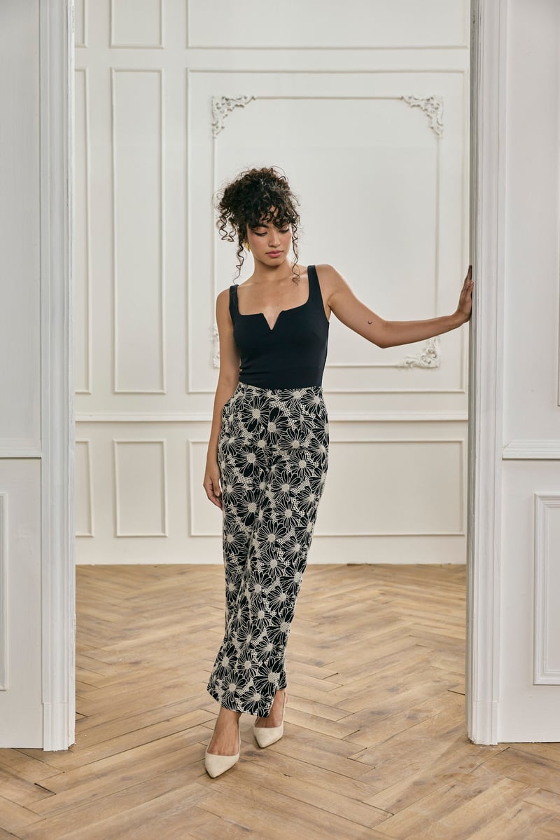 Black Schiffli Embroidered Wide-Leg Cotton Trousers