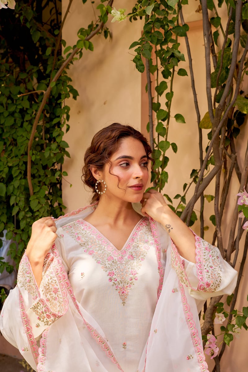 Ivory and Pink Chanderi Embroidered Straight Suit Set