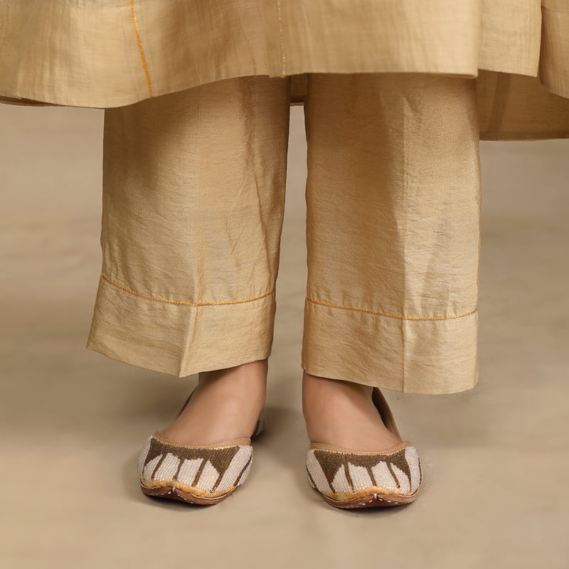 Beige Yellow Silk Chanderi Anarkali Kurta Set