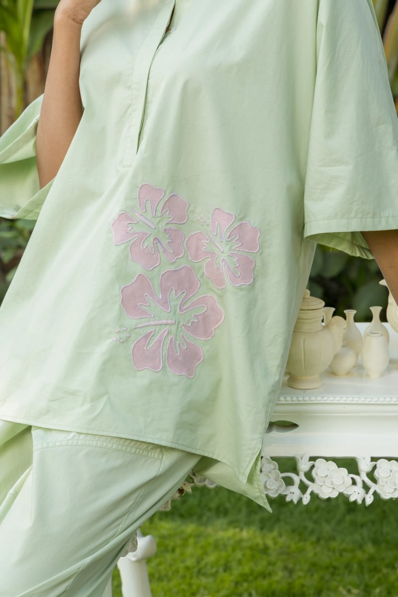 Sage Poplin Shirt and Pants Co-ord Set with Floral Appliqué