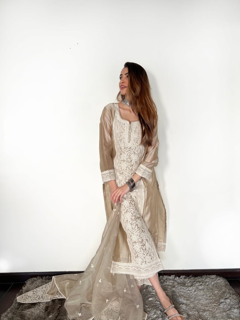 Beige Chanderi Silk Embroidered Kurta Set with Dupatta