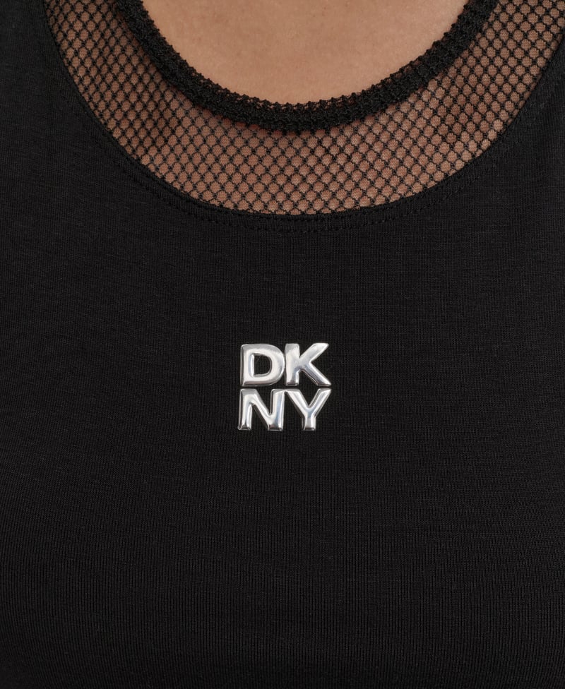 Black Slim-Fit Scoop-Neck Tank Top with Sheer Mesh Detail