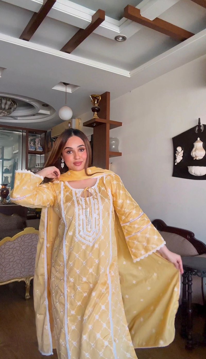 Yellow Cotton Embroidered Kurta Set With Dupatta