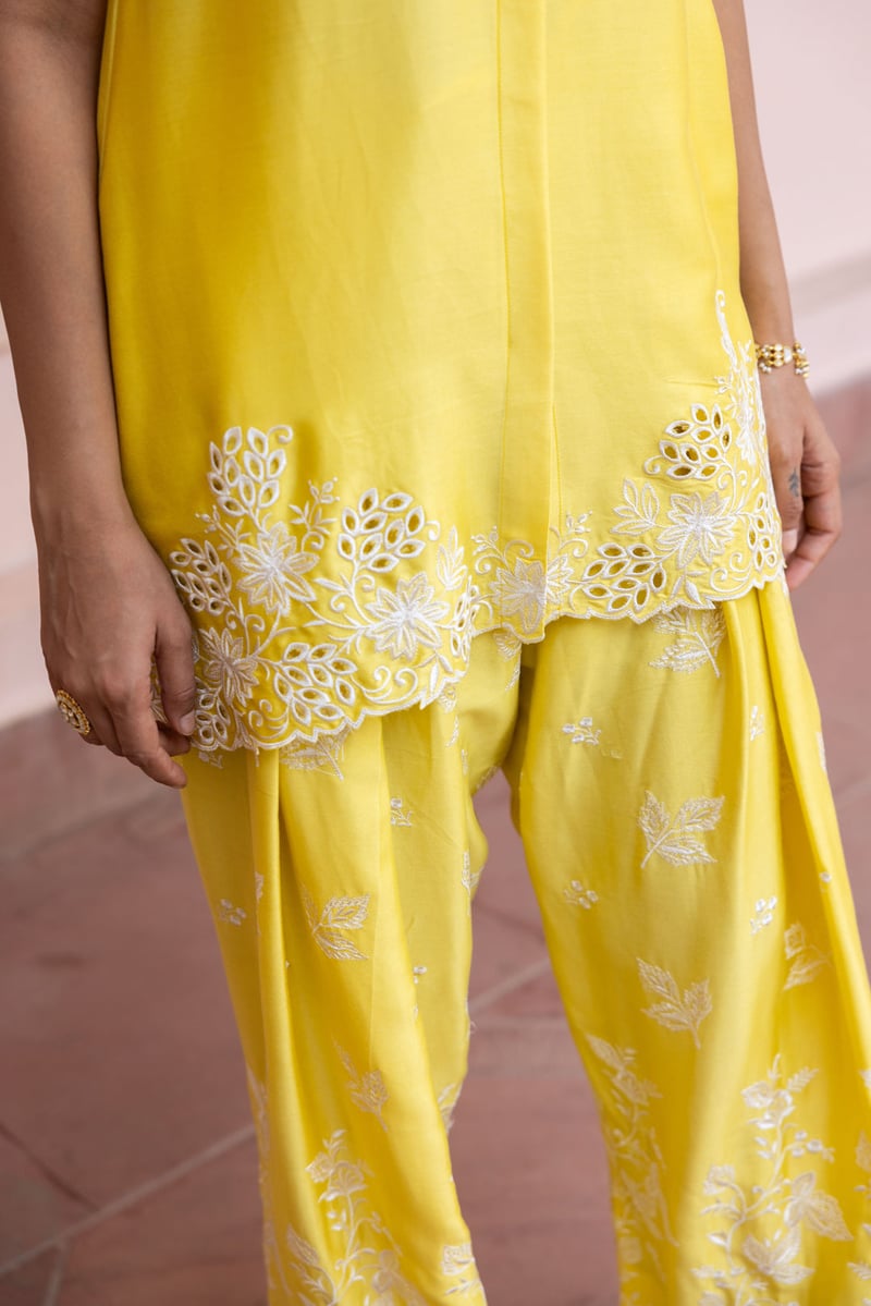 Yellow Cutwork Embroidered Tunic and Farshi Pants Co-ord Set