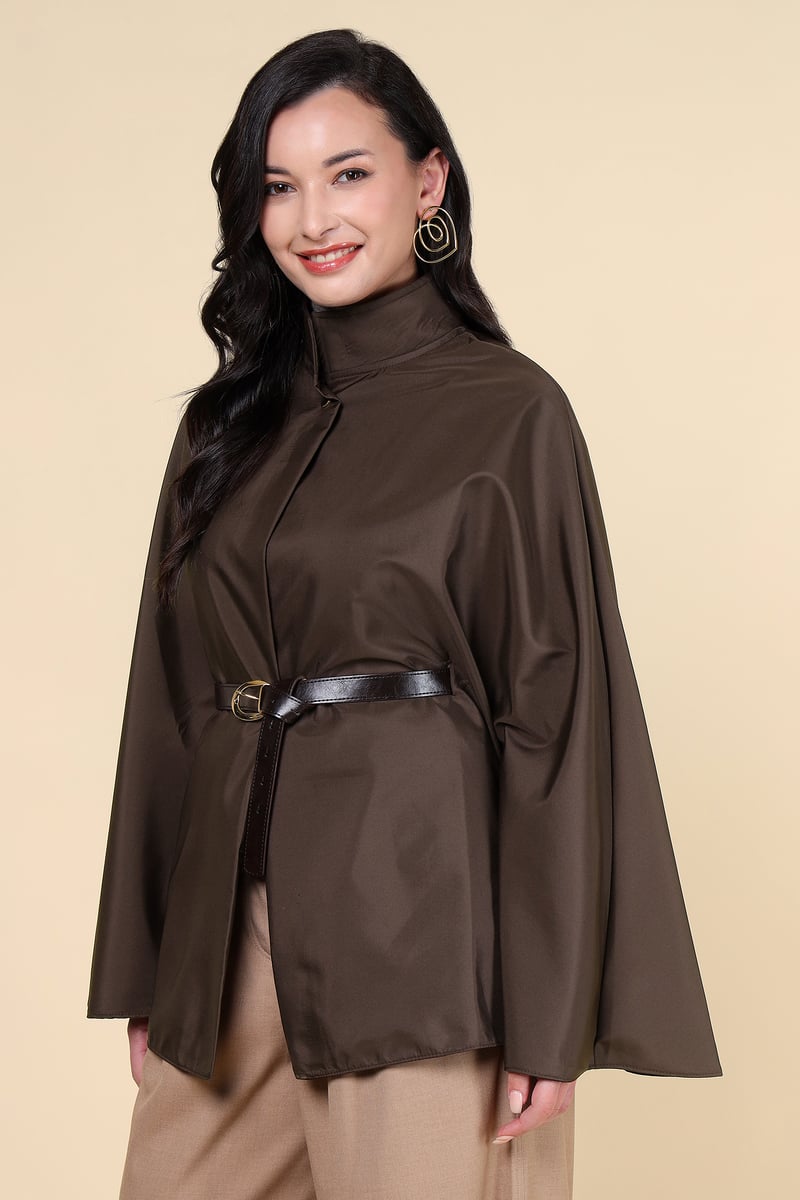 Bordo Brown High Neck Belted Cape-Sleeve Jacket