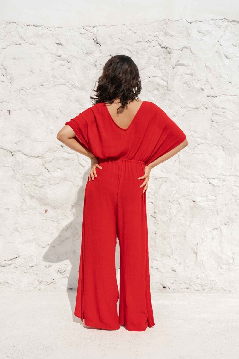 Red Kaftan-Style V-Neck Wide-Leg Jumpsuit