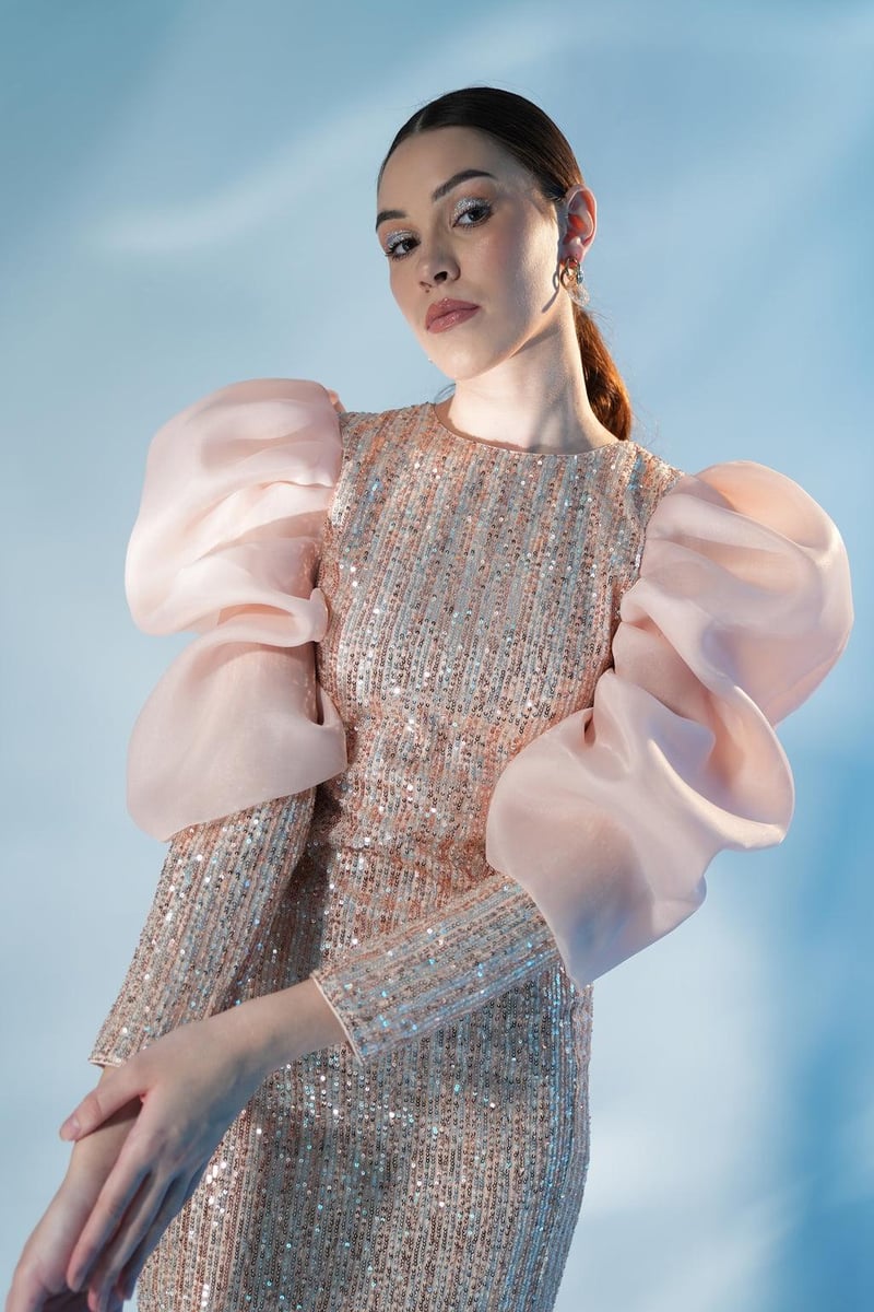 Champagne Sequin Sheath Mini Dress with Statement Sleeves