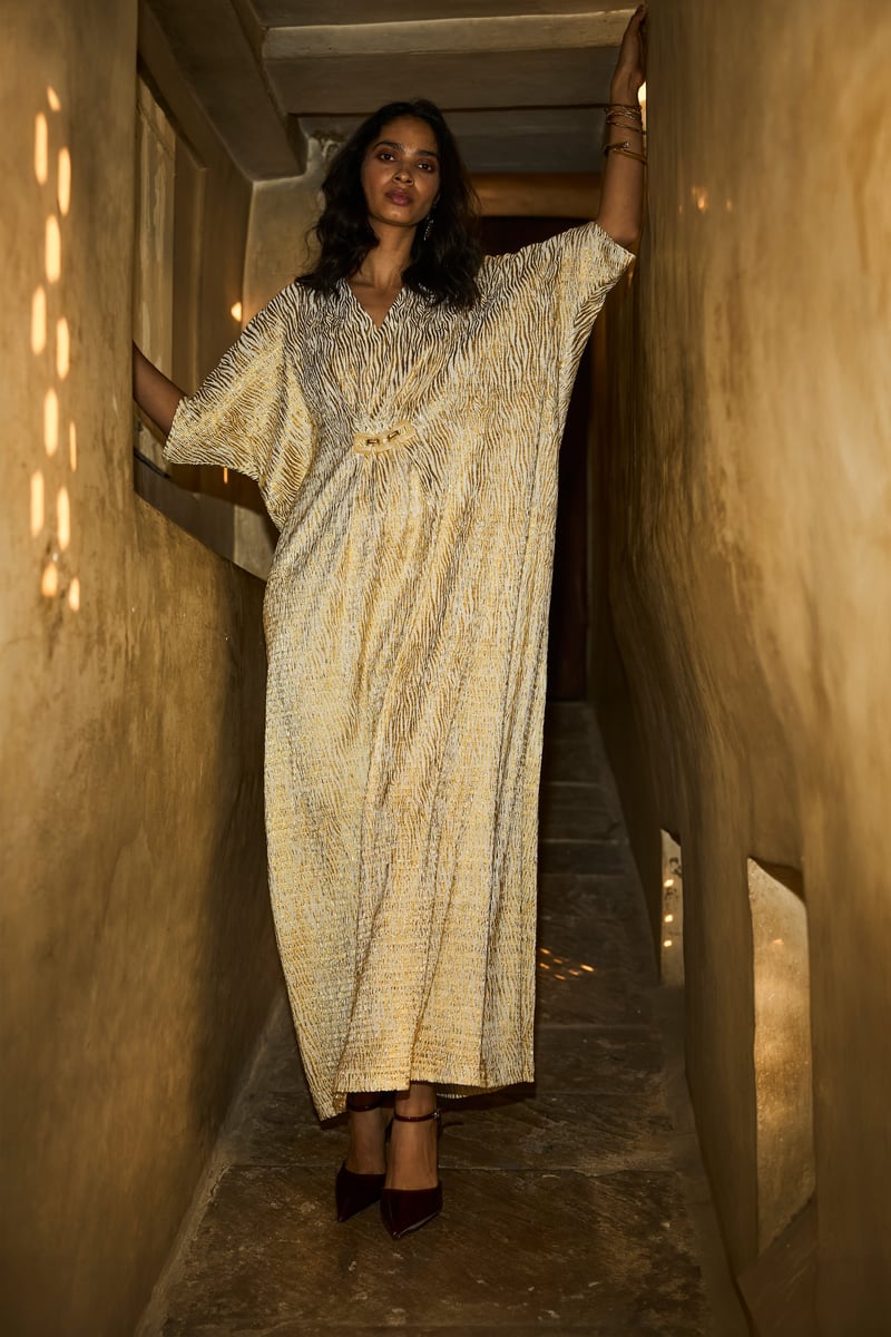 Ivory/Gold Foil Printed Pleated Maxi Kaftan