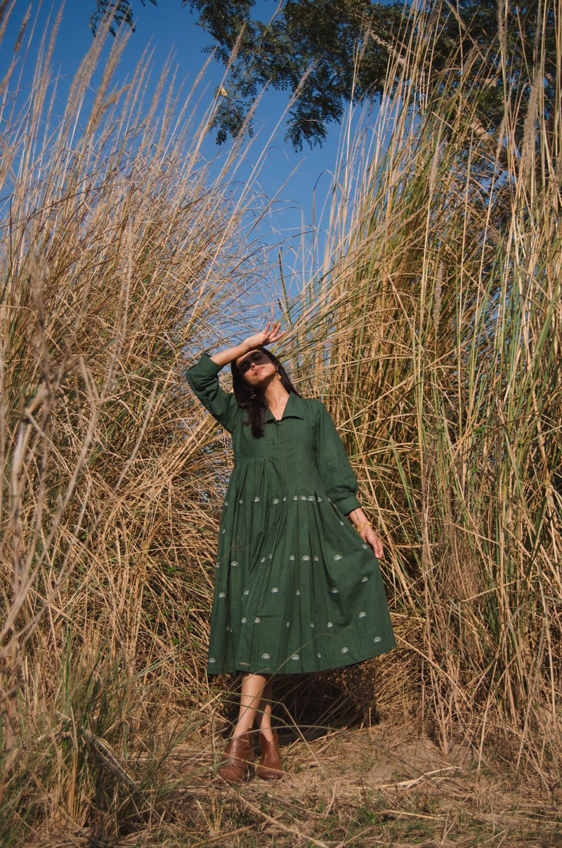 Basil Green Pleated Midi Shirt Dress