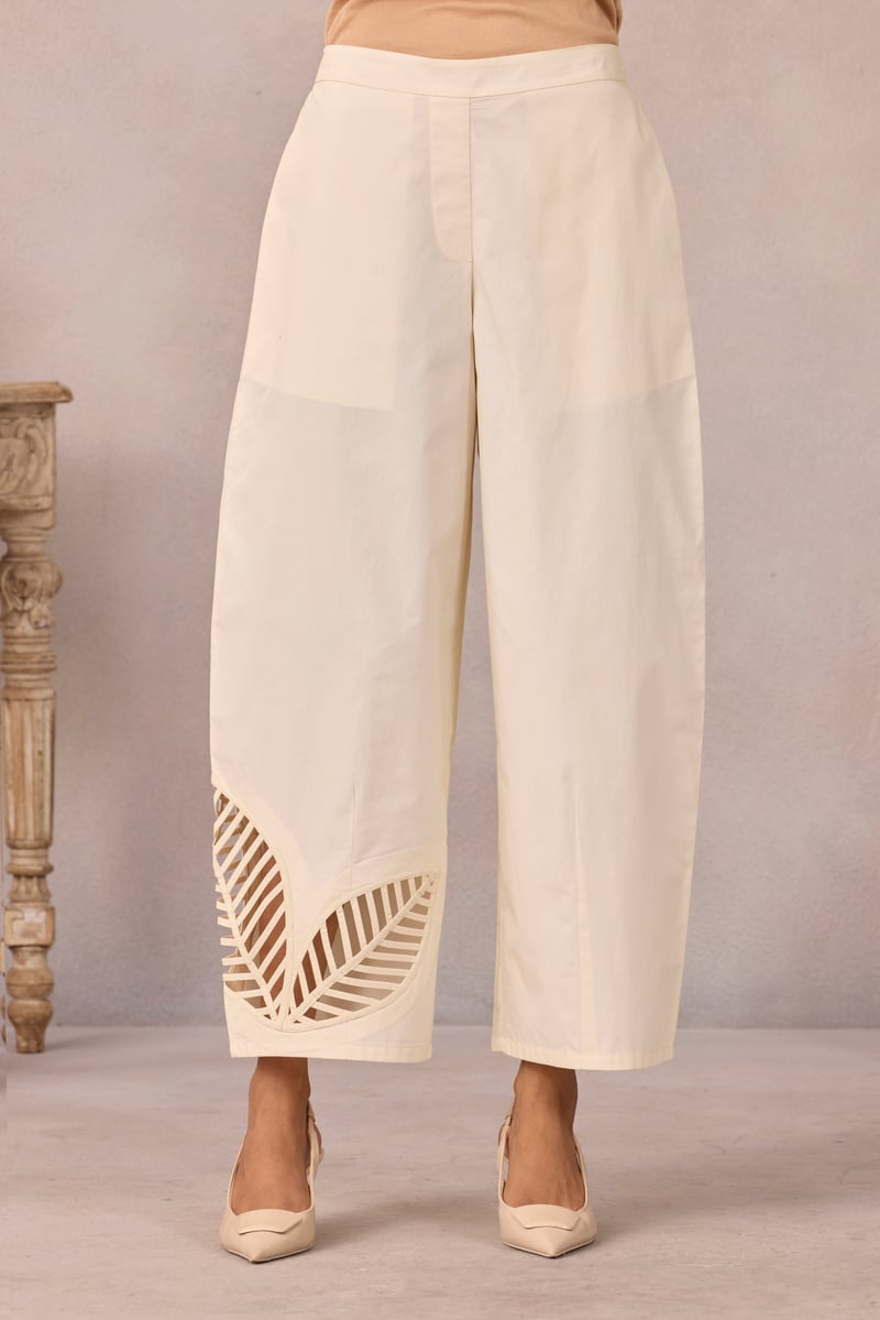 Vanilla Cloud Barrel Crop Trousers with Leaf Cutwork — 63East