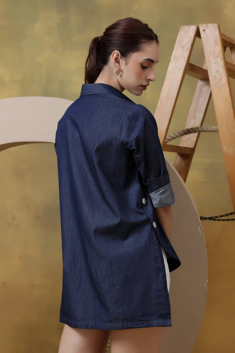Dark Denim Shirt with White Lace Applique and High-Low Hem
