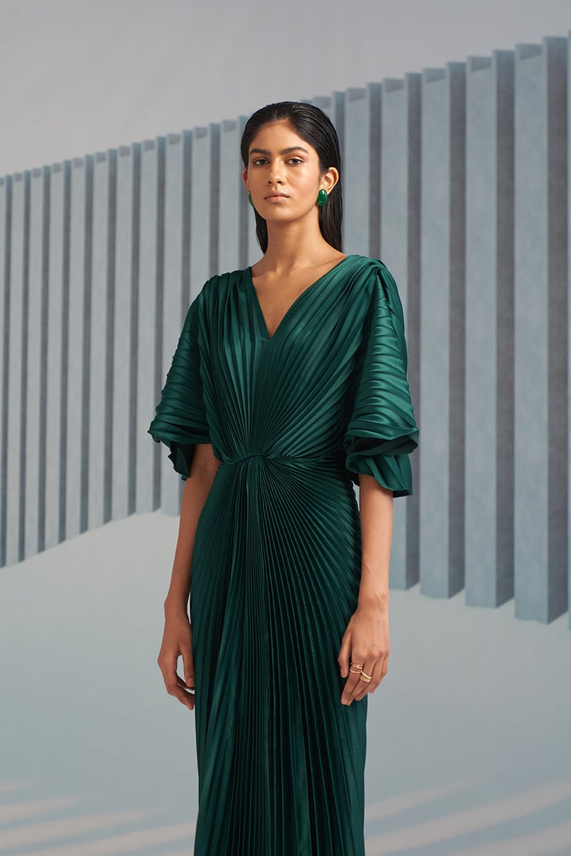 Green Pleated Maxi Gown with V-Neck and Front Slit