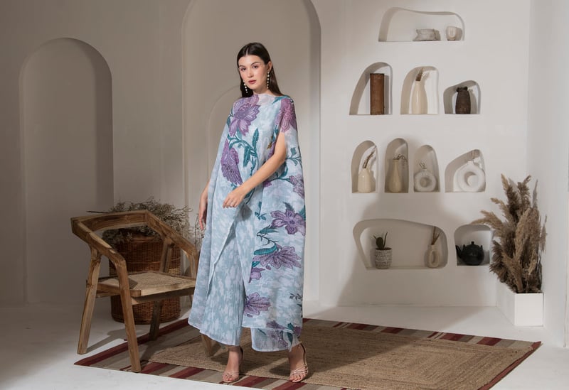 Blue Floral Kaftan and Wide-Leg Pant Co-ord Set