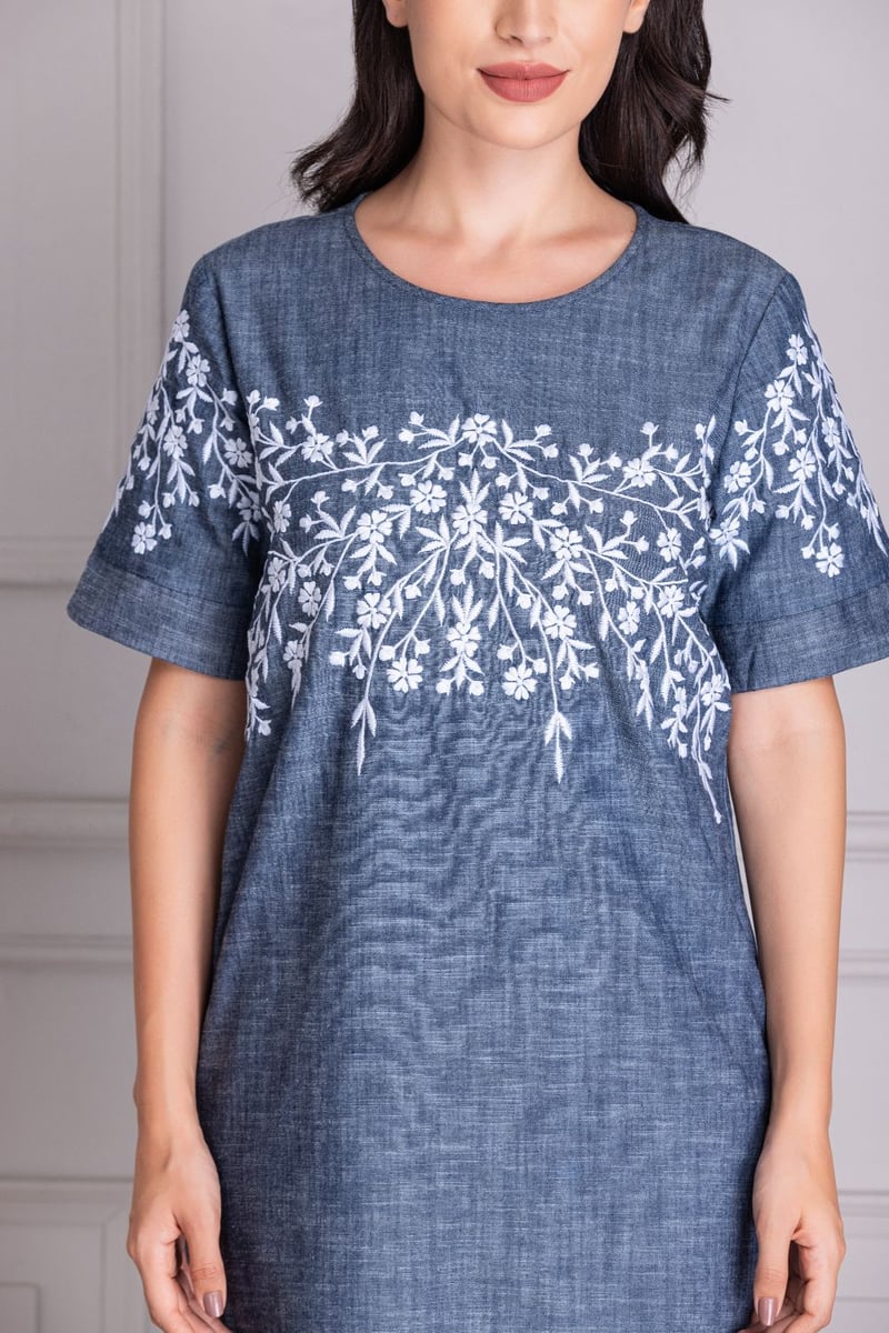 Blue Denim Embroidered Yoke Mini Dress
