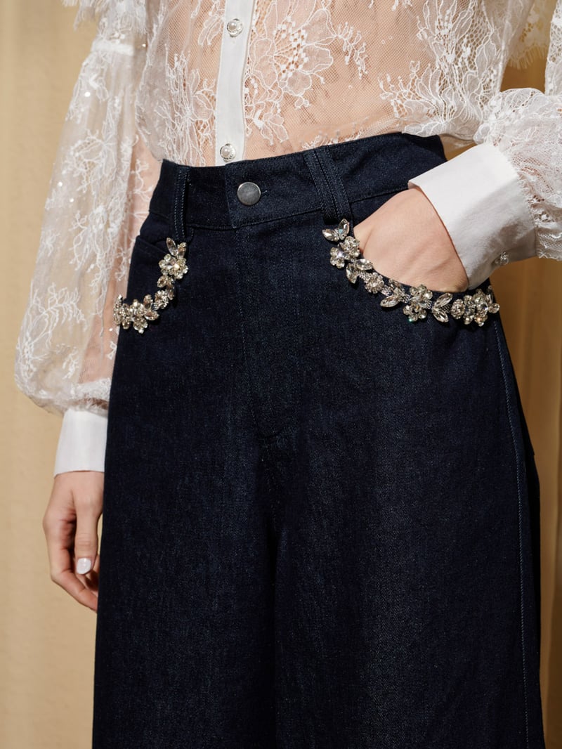 Dark Blue High-Rise Wide-Leg Jeans with Crystal Pockets