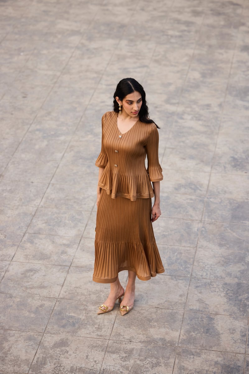 Mocha Pleated Top and Midi Skirt Co-ord Set