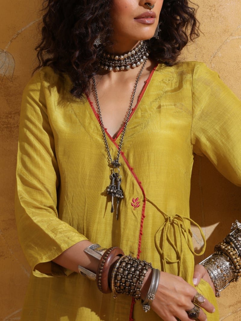 Lime Muslin Silk Angrakha Kurta and Pant Set