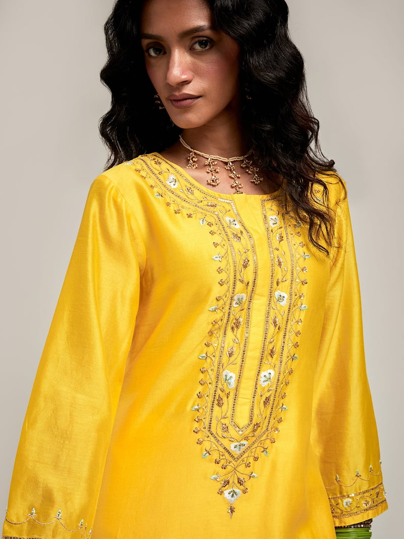 Yellow Silk Chanderi Embroidered Kurta Set with Pants