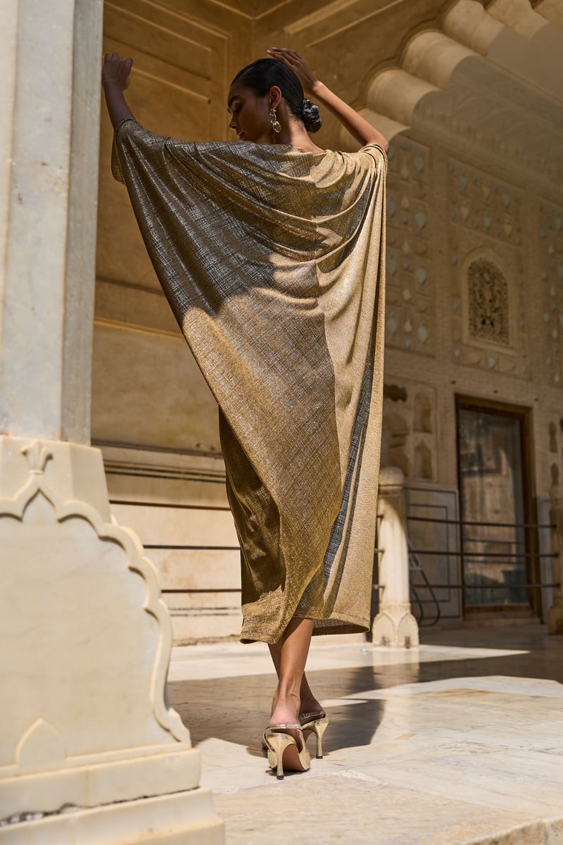 Gold Metallic Draped Maxi Kaftan with V-Neck