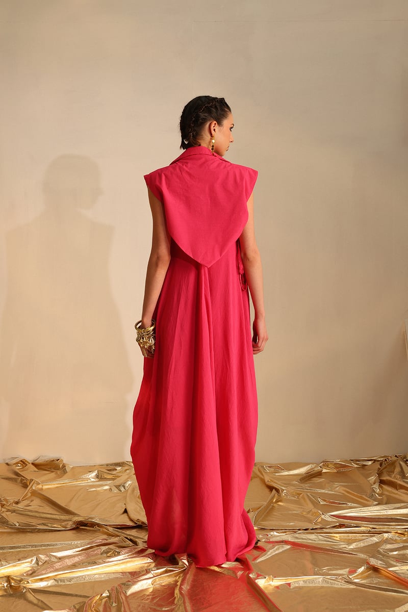 Pink Cowl Neck Maxi Dress with Cape Waistcoat