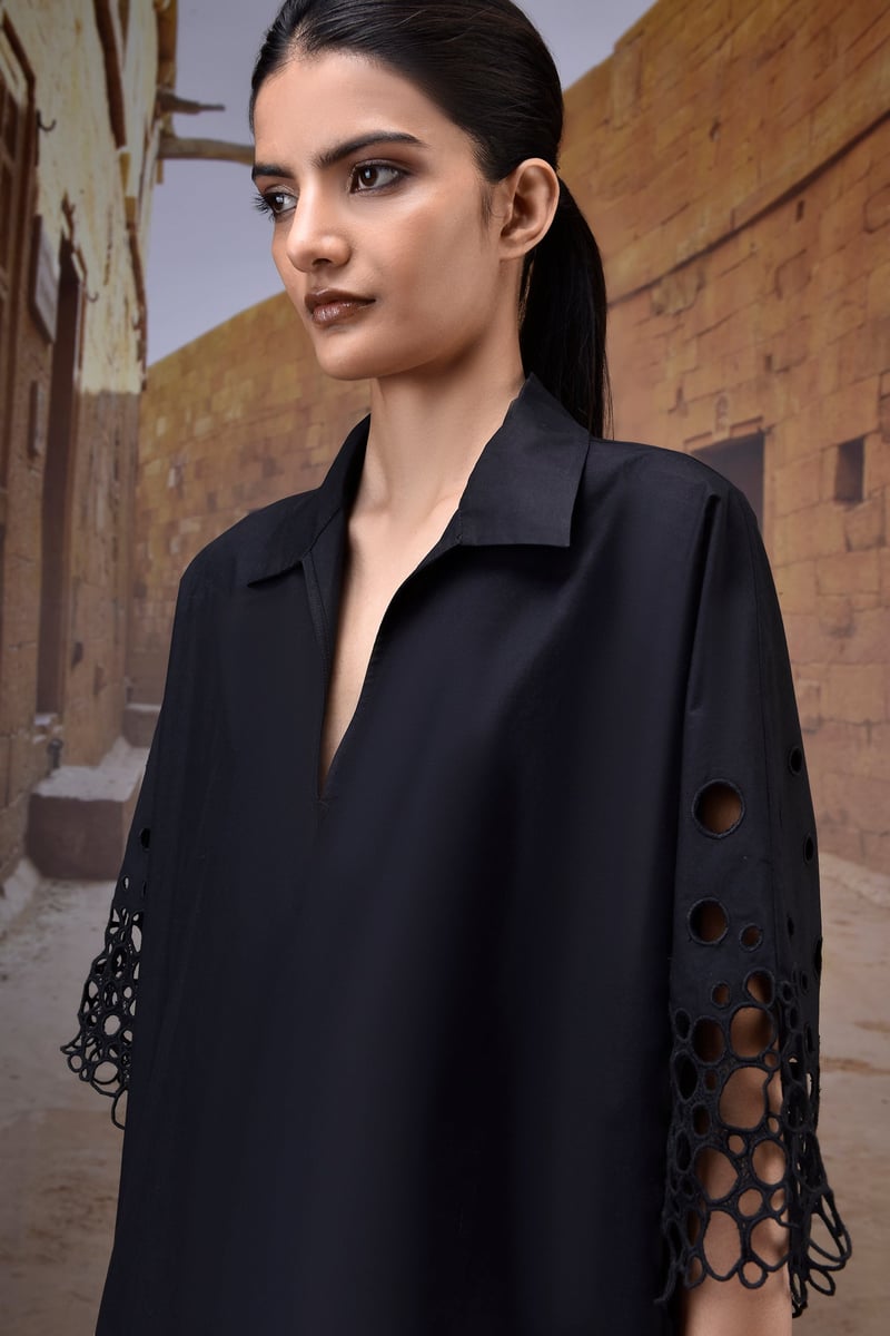 Black Poplin Shirt with Cutwork Embroidered 3/4 Sleeves