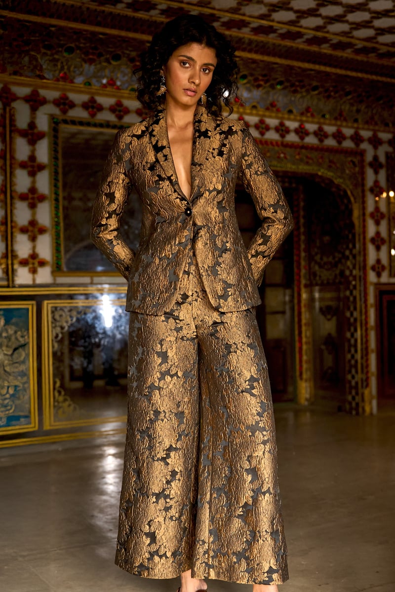 Gold/Black Floral Brocade Tailored Blazer
