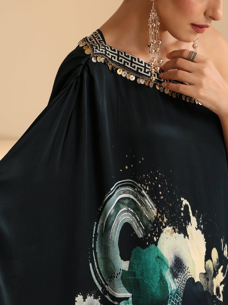 Green Abstract Print One-Shoulder Modal Satin Kaftan
