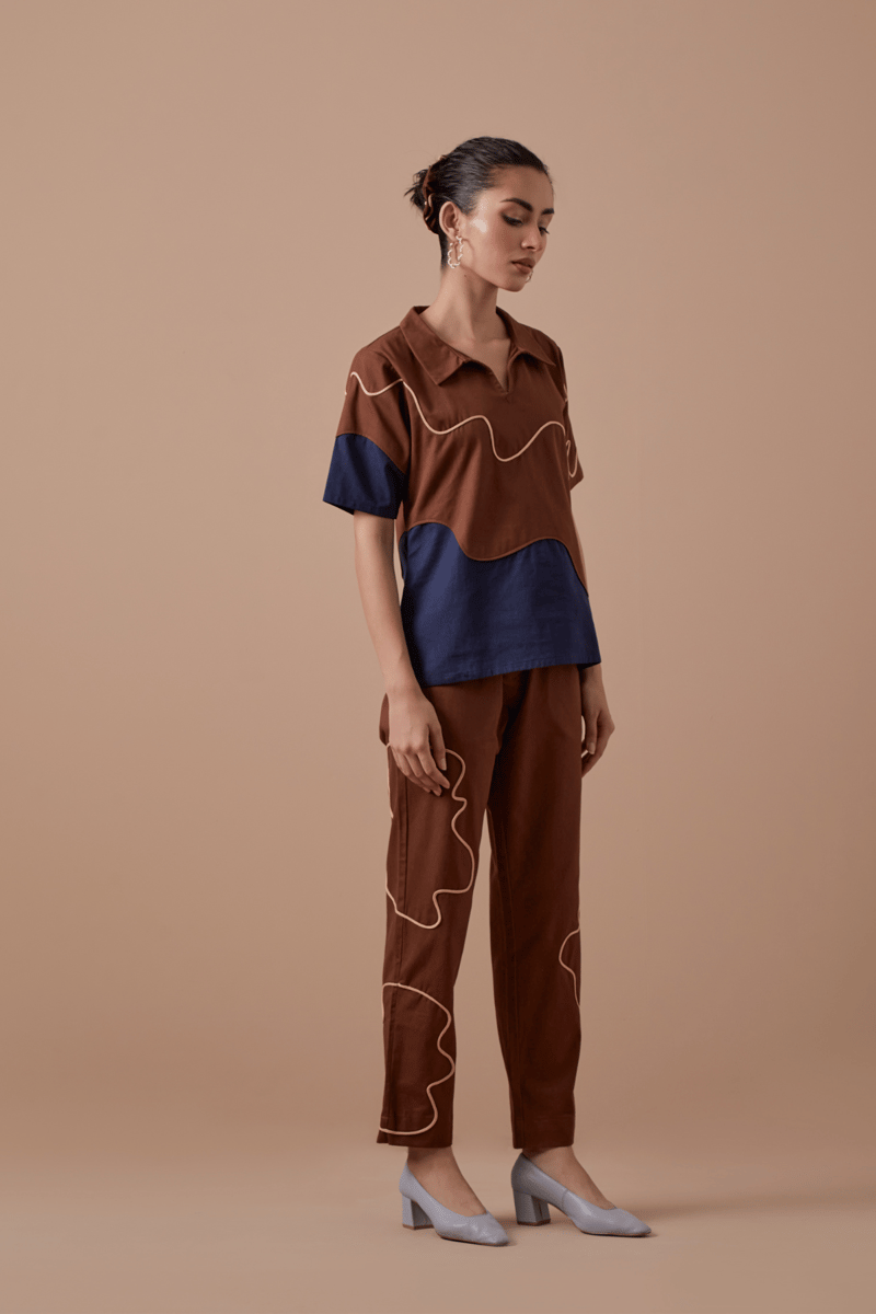 Mocha Brown Colorblocked Cotton Twill Co-ord Set