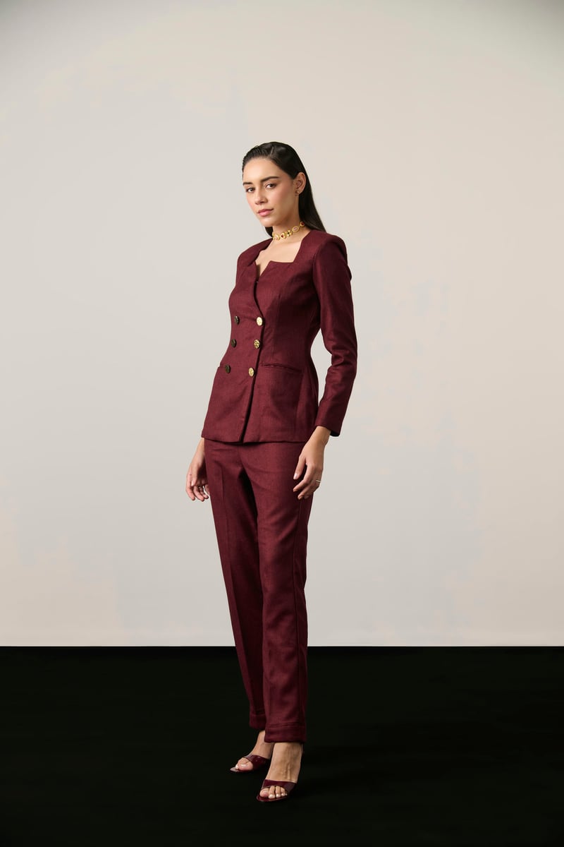 Maroon Tweed Double-Breasted Blazer Co-ord Set