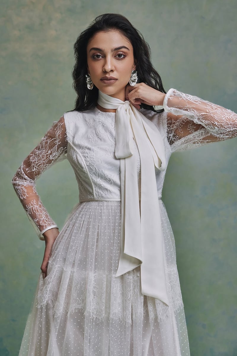 White Lace Sleeve Fit and Flare Midi Dress