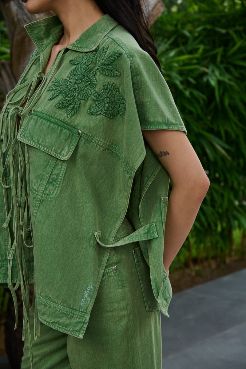 Green Denim Embroidered Tie-Up Co-ord Set