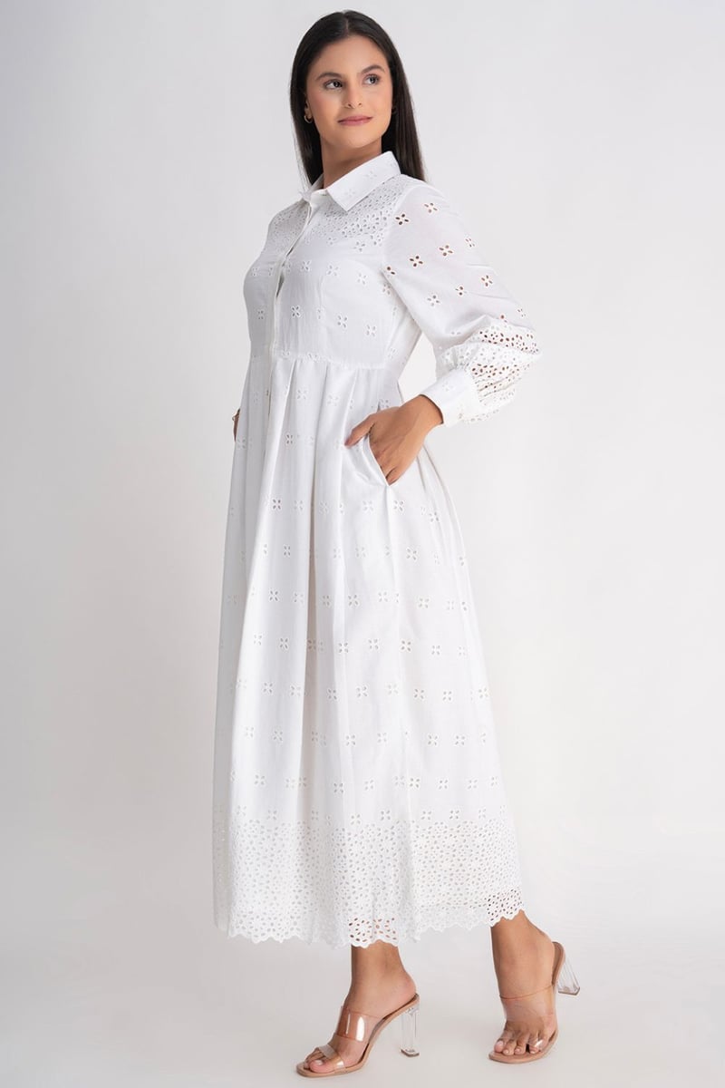 White Schiffli Cutwork Maxi Shirt Dress — Design By Queen Bee