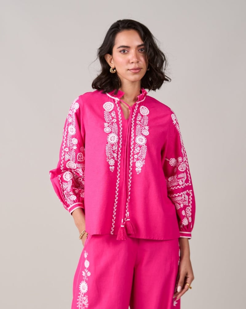 Pink Embroidered Longline Tie-Up Tunic Top