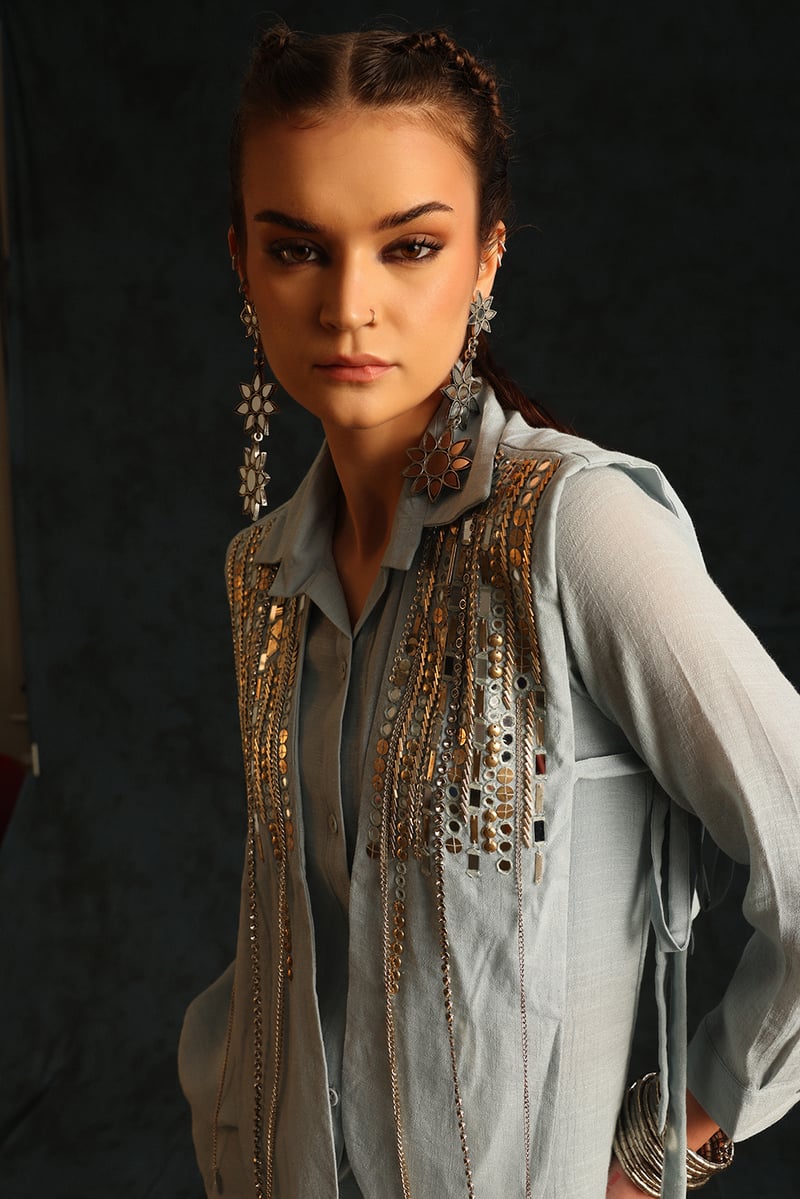 Light Blue Shirt, Waistcoat and Draped Skirt Co-ord Set