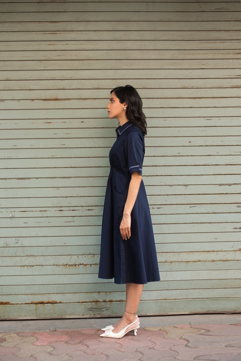 Navy Blue Cotton Satin Ruched Waist A-Line Midi Dress