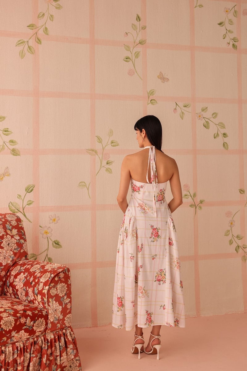 White Floral Check Halter Neck Maxi Dress