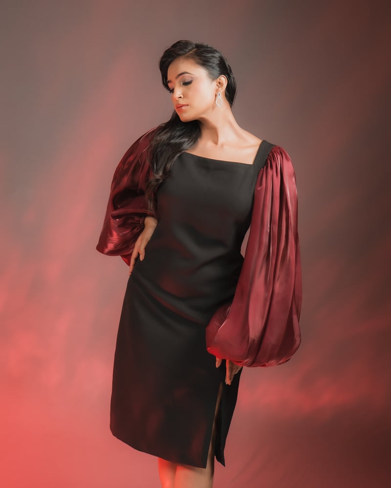 Black Sheath Dress with Maroon Organza Balloon Sleeves