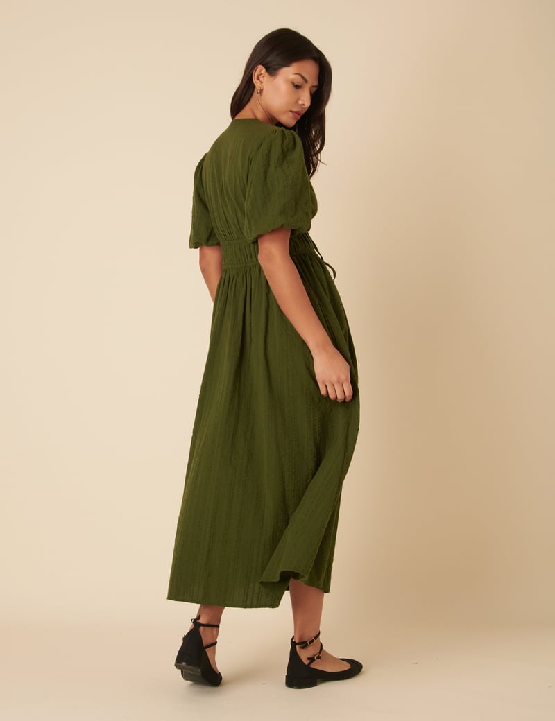Khaki V-Neck Puff Sleeve Shirred Waist Midi Dress
