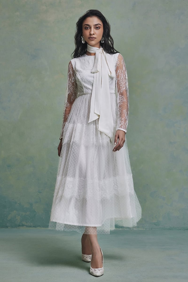 White Lace Sleeve Fit and Flare Midi Dress — Zabella