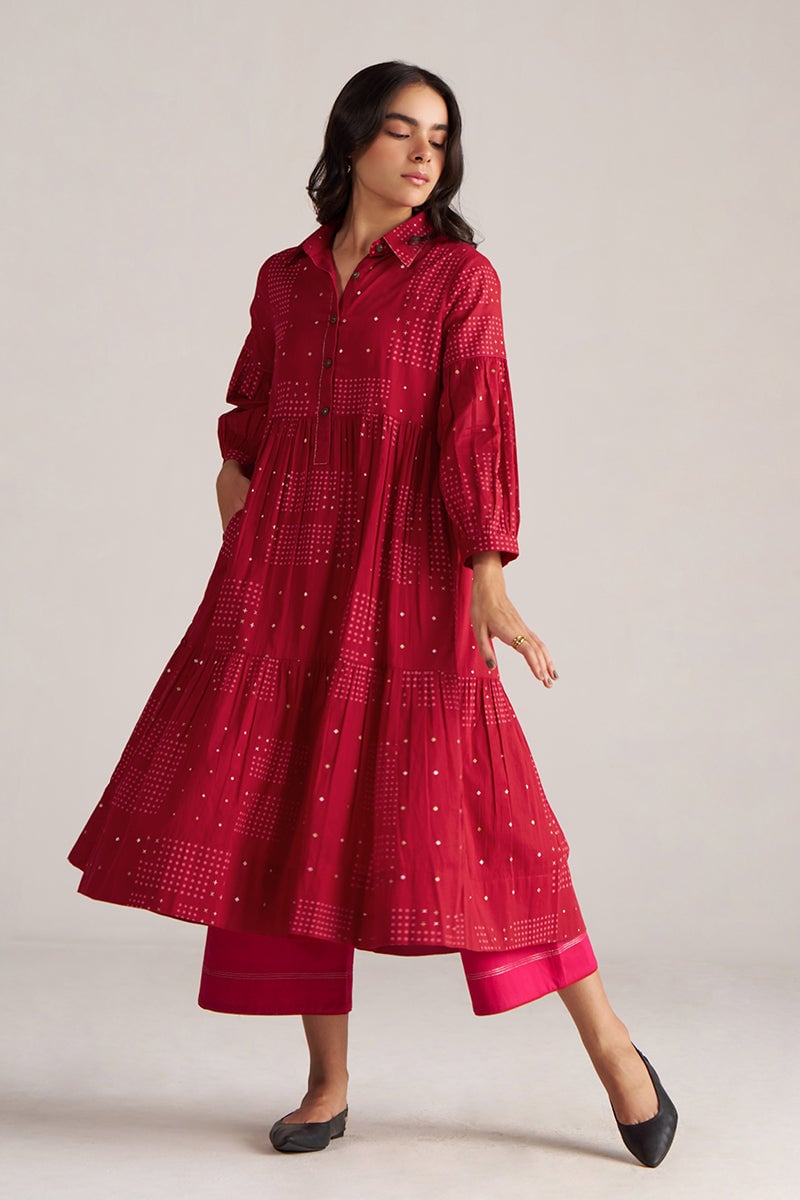Samba Red Block Print Tiered Kurta and Pant Co-ord Set