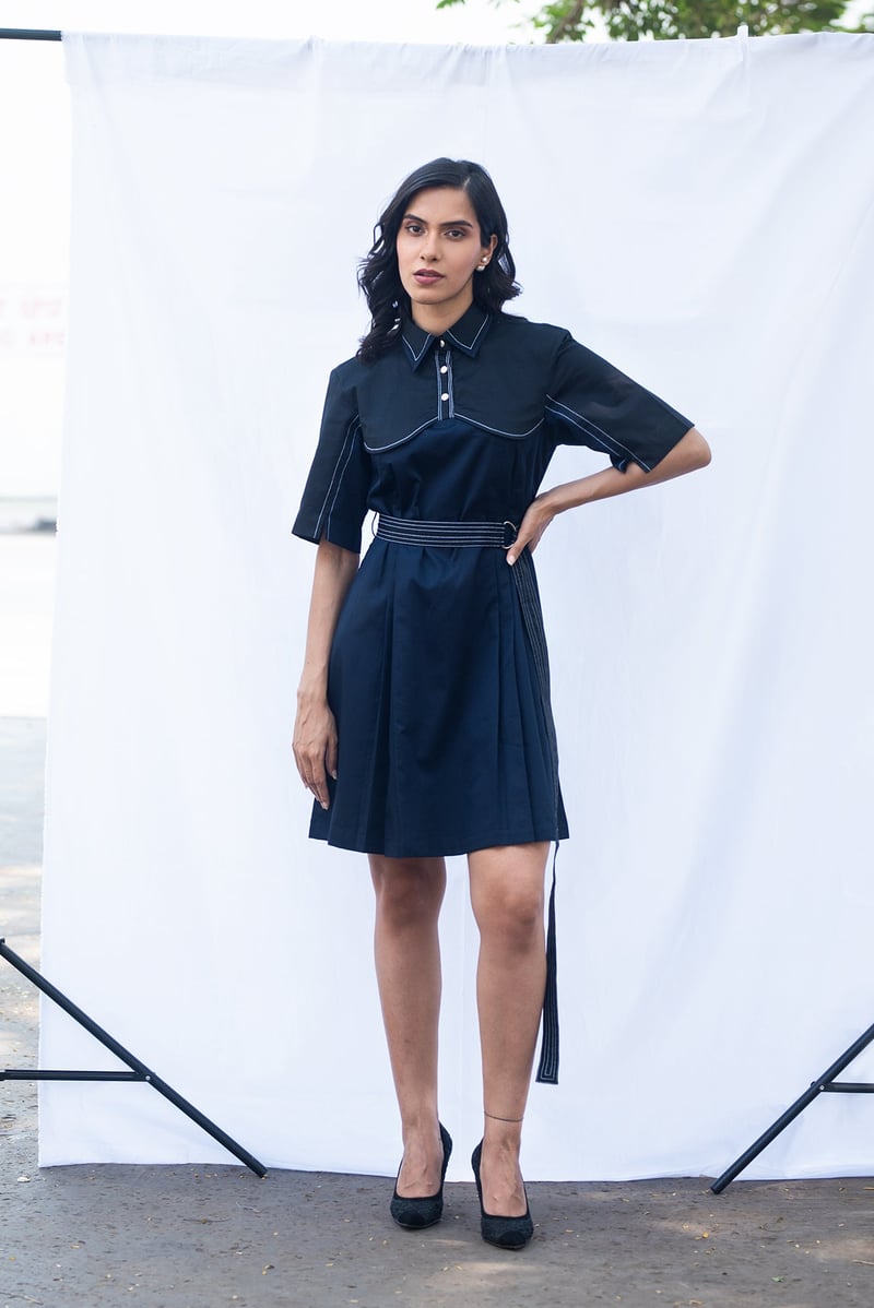 Navy Two-Tone Belted Mini Shirt Dress