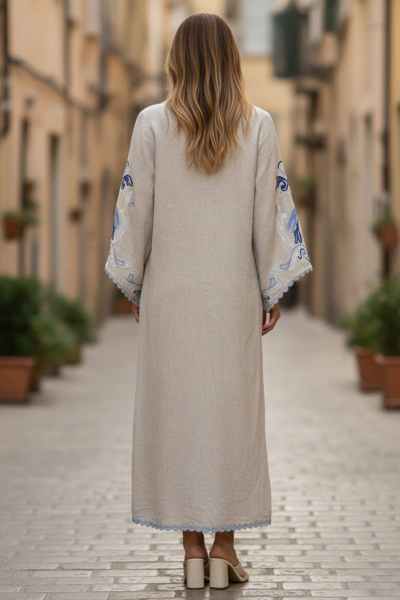 Cream Linen Embroidered Maxi Kaftan