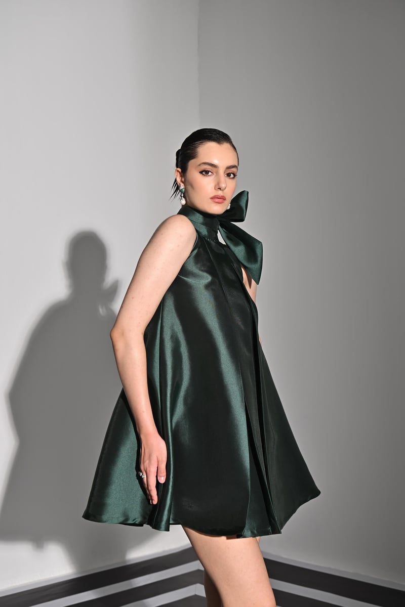Emerald Halter Neck Bow Detail A-Line Mini Dress