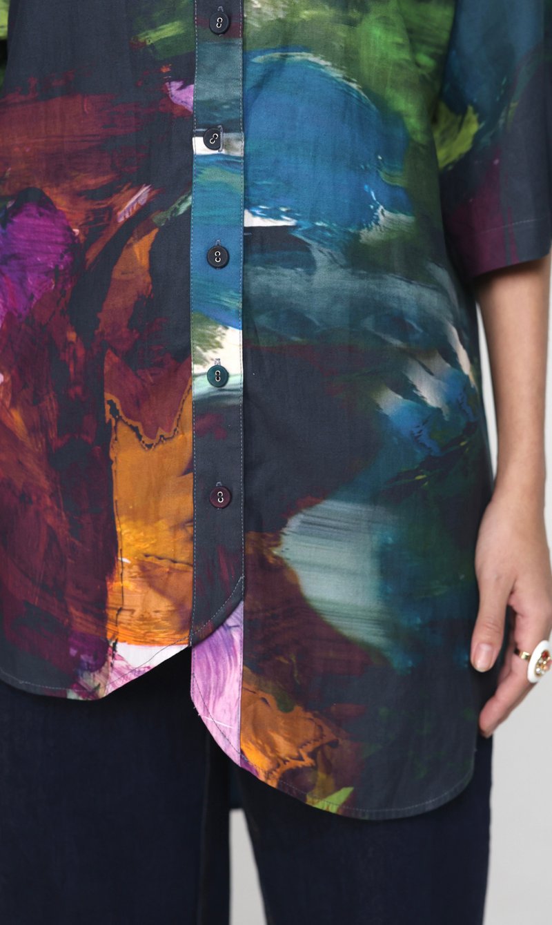 Multicolor Abstract Print Oversized Cotton Satin Shirt