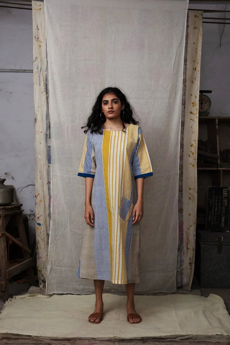 Mustard and Blue Striped Colorblock Midi Dress