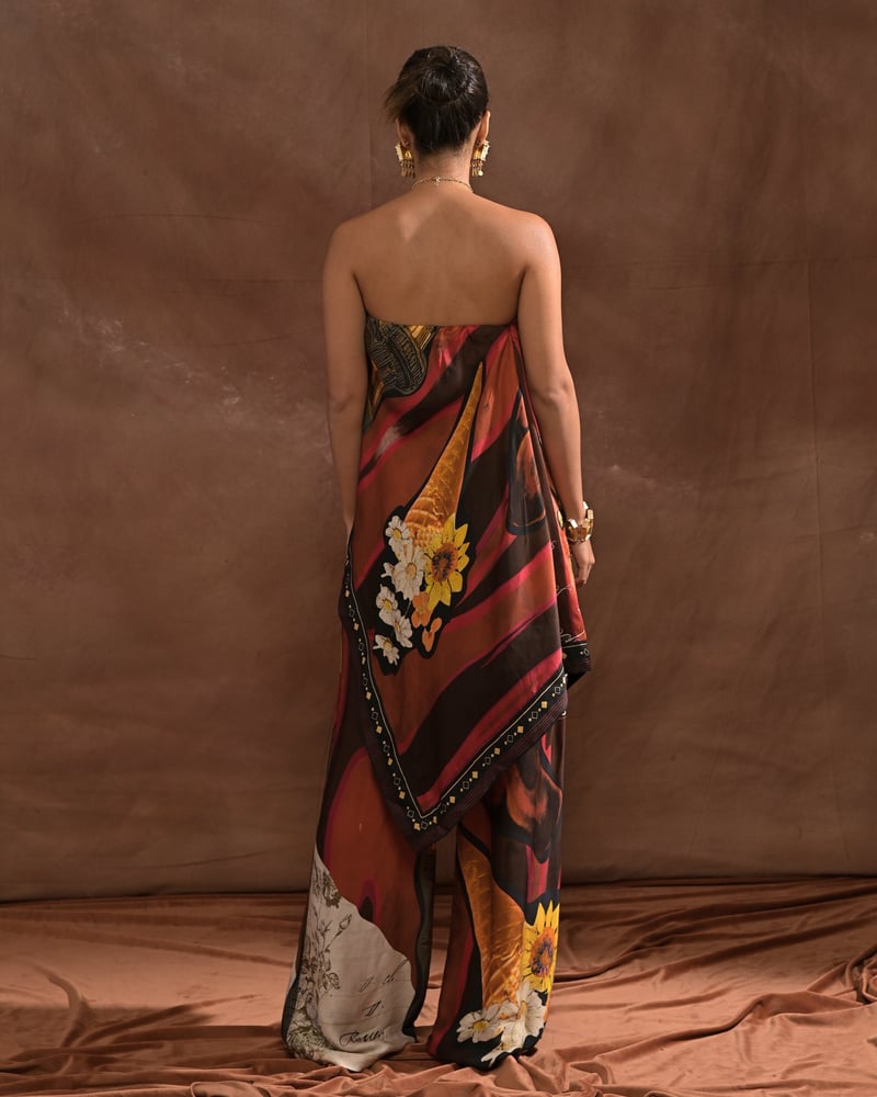 High-Waist Wide-Leg Multicolor Printed Satin Trousers