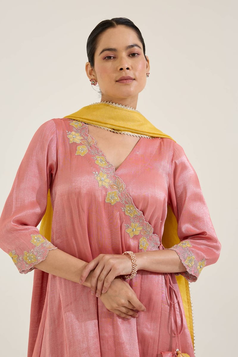 Red Tissue Angrakha Kurta Set with Narrow Pants